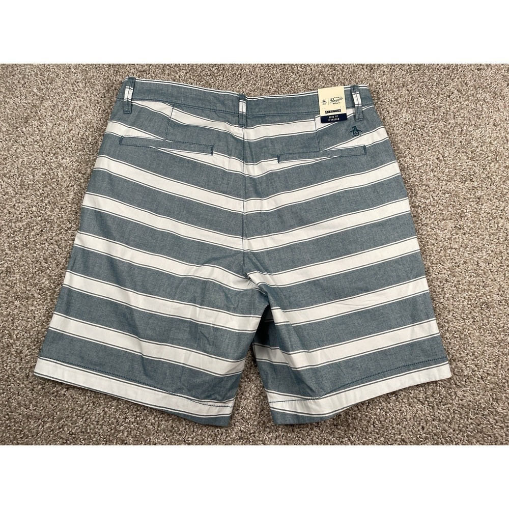 Original Penguin Slim Fit Stretch Shorts Chino 8" Inseam Mens Sz 32 Blue Stripe - Picture 10 of 10